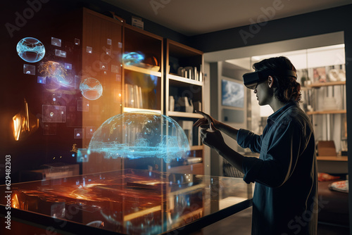 Man in VR headset, experiencing virtual reality, explore space with augmented reality screen hologram while standing in his living room at night. AR and mixed reality future technology concept photo