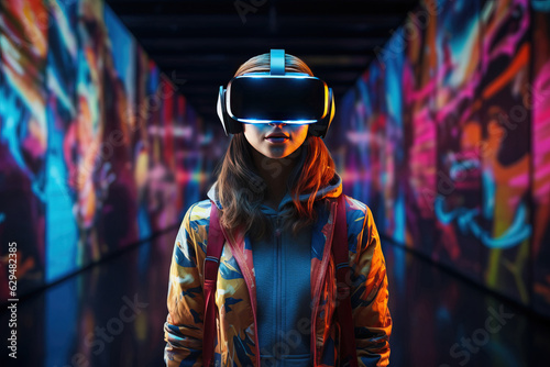 Young woman wearing VR augmented reality goggles in futuristic corridor of virtual art gallery exhibition. NFT and metaverse concept