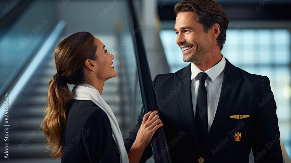Pilot and Stewardess Walking to the Plane at the Airport Pilot and Stewardess Walking to the Plane at the Airport