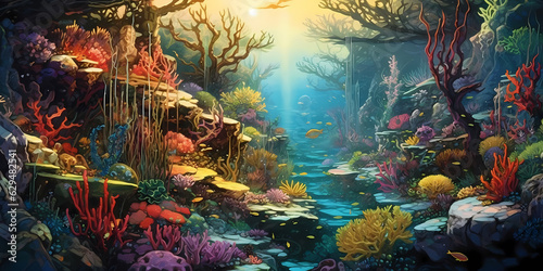 An illustration of an colorful underwater scene with abundance of ocean plants colorful coral reefs sunlight piercing through the water, seagrass, enchanting depths, tranquility