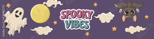 Happy halloween vintage groovy banner with ghost, bat, moon, clouds and stars on a purple background. Vector hippie 70s style. design for header of website.
