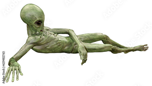 3D Rendering Green Alien on White