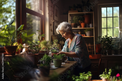 Elderly retired woman taking care after indoor plants at home.