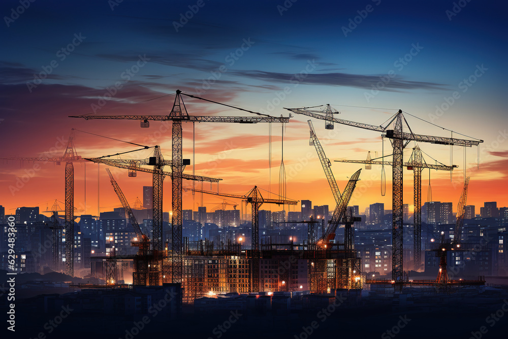 Tower cranes against the blue or sunrise or sunset sky. House under construction. Industrial skyline