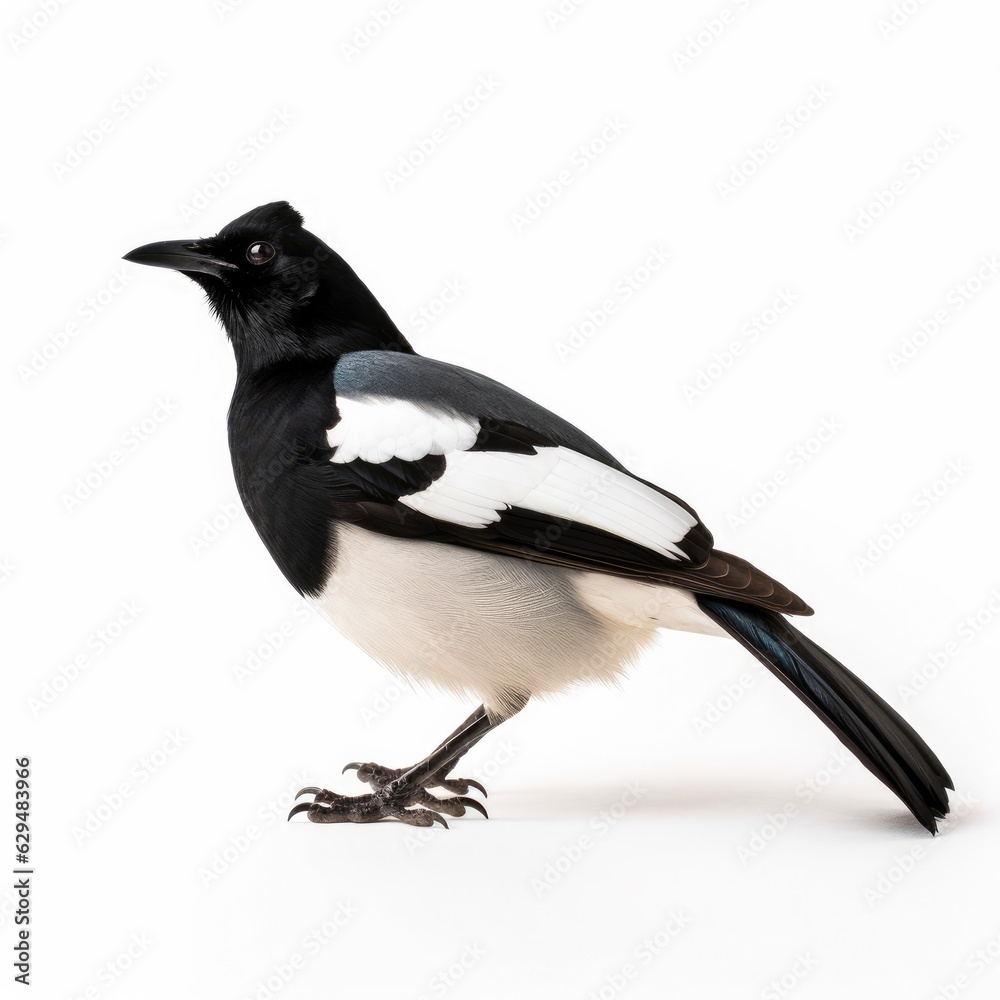 Black-billed magpie bird isolated on white. Generative AI