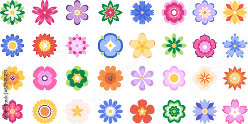 Isolated flower color pictogram, flat flowers motifs. Floral icons, stylized blossom elements with petals. Minimalistic seasonal racy vector set