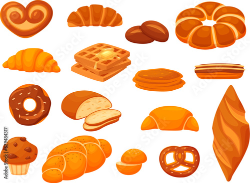 Bakery cartoon set, bread and cinnamon roll, muffin and bagel. Cupcake and ciabatta, isolated loaf, croissant and bun, nowaday vector clipart