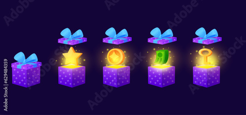 Box with bonus, reward game packaging. Gift mysterious, amaze gifting in open pack with shine. Money, golden coin or star, gaming nowaday vector elements