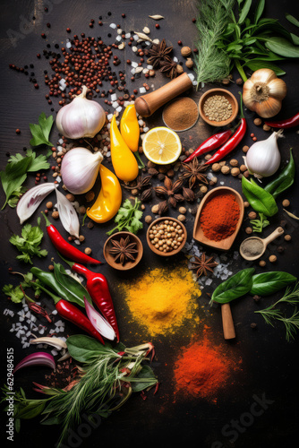 Top view of cooking ingredients, colorful variety of spices, herbs and other ingredients