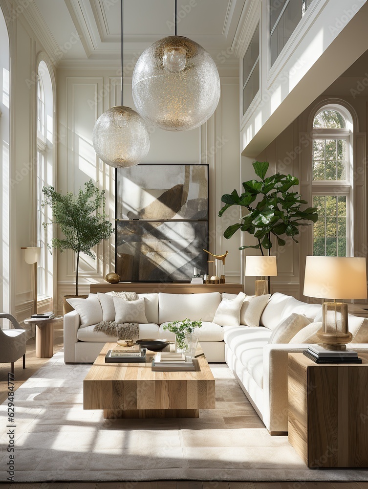 This minimalistic living room, featuring a cozy wooden couch, a modern ...
