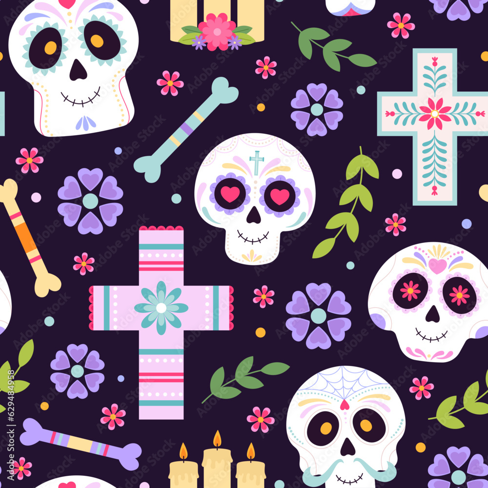 Day of dead seamless pattern with skulls, flowers bones and cross. Decorative mexican style fabric print, halloween racy vector background Day of dead seamless pattern with skulls, flowers bones and cross. Decorative mexican style fabric print, halloween racy vector background
