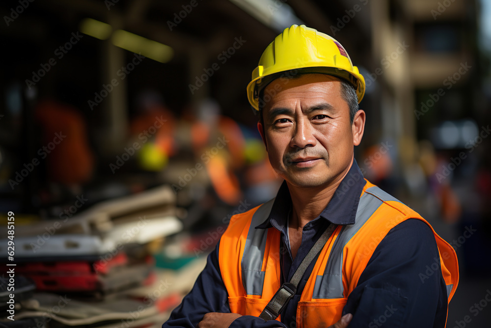 Asian Construction site manager standing or worker with folded arms wearing safety vest and helmet, thinking at construction site. Portrait of mixed race manual worker or architect with satisfaction. - obrazy, fototapety, plakaty 