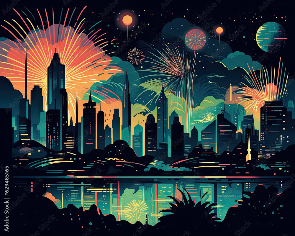 Festive Nightlife with Iconic Fireworks Illustration