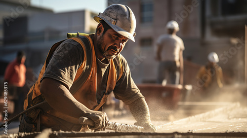 A construction worker control working with a concrete pump on construction site