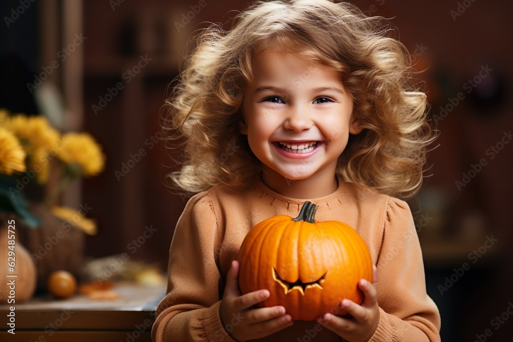 Fototapeta premium playful cute little girl holding Halloween pumpkin made with generative ai technology