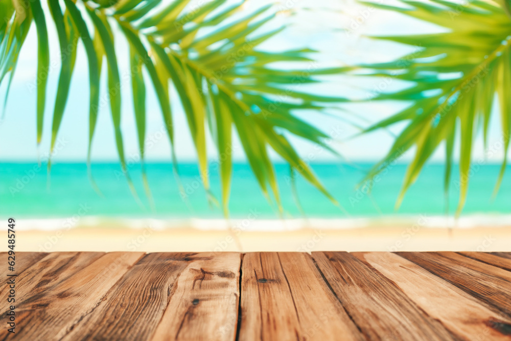 Summer beach party vibes with an empty wooden table and palm leaves against a blurred beach background. Perfect for summer time celebrations