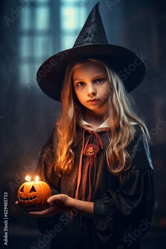 playful cute little girl holding Halloween pumpkin made with generative ai technology