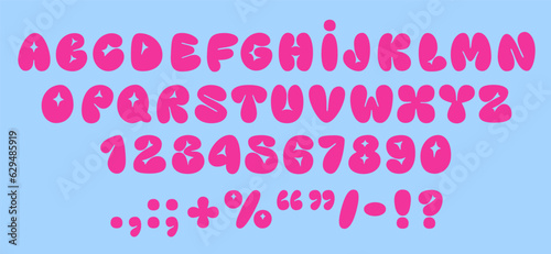 Playful pink bubble font inspired by 90s and Y2K themes. Puffy cartoon letters perfect for trendy and fun designs. Includes uppercase letters, numbers, and symbols. Vector illustration