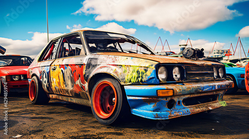 Banger Racing Extreme Sport. bright colors. Wide lens style. Generative AI.
