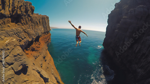Cliff Diving Extreme Sport. bright colors. Wide lens style. Generative AI. 