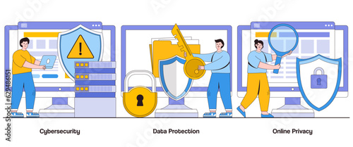 Cybersecurity, Data Protection, Online Privacy Concept with Character. Digital Security Abstract Vector Illustration Set. Shielding, Fortifying, Safeguarding Metaphor