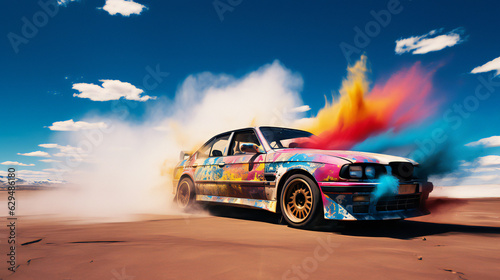 Drifting Extreme Sport. bright colors. Wide lens style. Generative AI.