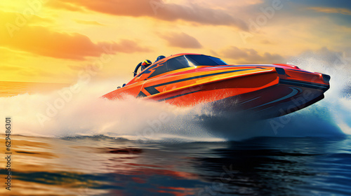 Powerboat Racing Extreme Sport. bright colors. Wide lens style. Generative AI.