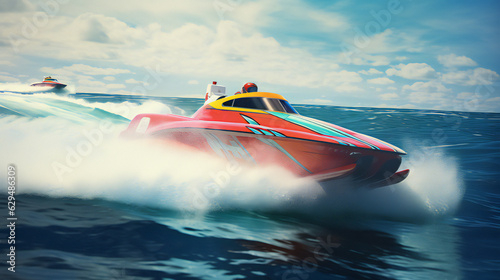 Powerboat Racing Extreme Sport. bright colors. Wide lens style. Generative AI.