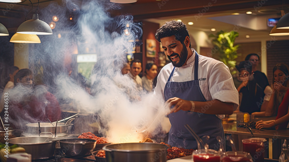 A chef is demonstrating his cooking methods in the restaurant, attracting many customers to come and taste A chef is demonstrating his cooking methods in the restaurant, attracting many customers to come and taste