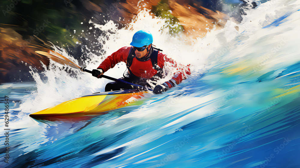 Whitewater slalom Extreme Sport. bright colors. Wide lens style. Generative AI.