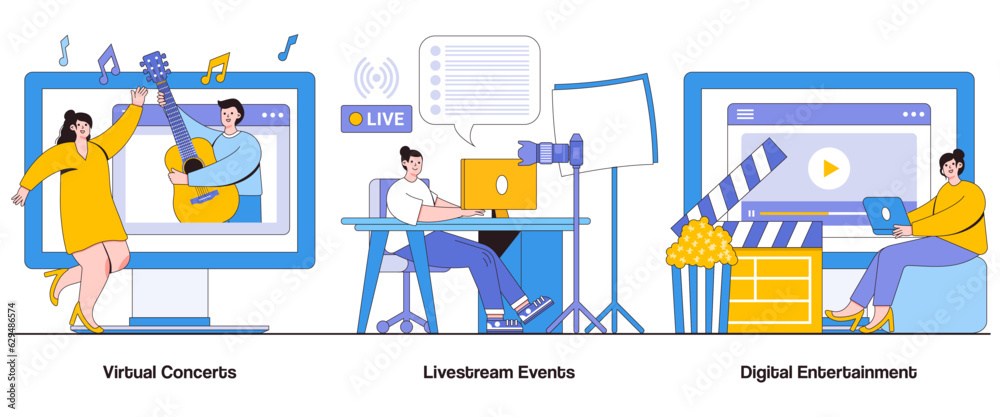 Virtual Concerts, Livestream Events, Digital Entertainment Concept with Character. Immersive Performances Abstract Vector Illustration Set. Connection, Joy, Music from Anywhere Metaphor