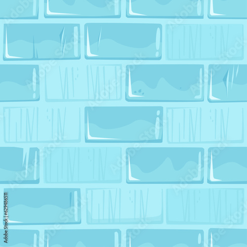 Unfinished Ice Castle Wall Seamless Texture, Building Blocks of Shiny Blue Color, Winter Building. Asset for Design, Game UI, Wrapping Paper or Textile. 
