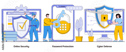 Online Security, Password Protection, Cyber Defense Concept. Digital Fortress Abstract Vector Illustration Set. Shielding, Fortifying, Guarding Personal Information Metaphor