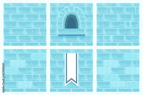 Blue Ice Castle Wall Collection, Set of Seamless Texture Tiles. Brick Textures, Windows and Flags, Construction Blocks Seamless Background Collection for Game, Web Design, Textile, Prints And Cafes.