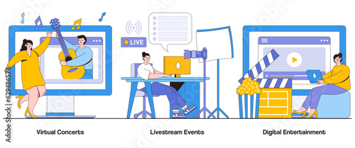 Virtual Concerts, Livestream Events, Digital Entertainment Concept with Character. Immersive Performances Abstract Vector Illustration Set. Connection, Joy, Music from Anywhere Metaphor © VZ_Art