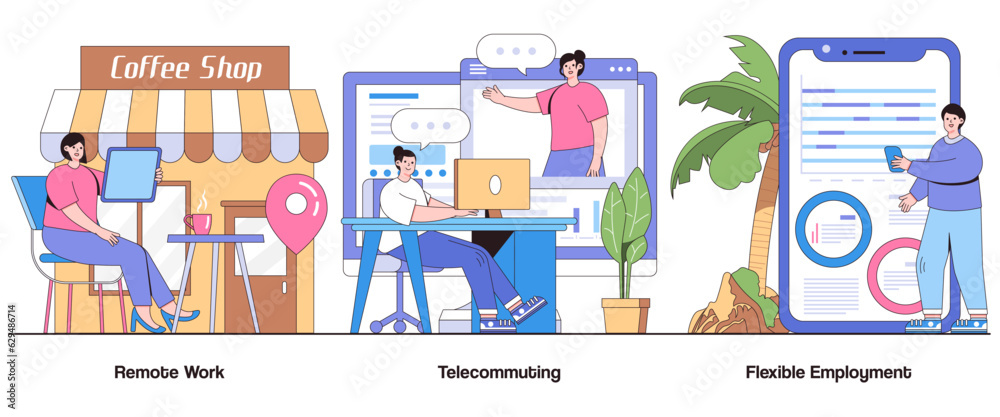Remote Work, Telecommuting, Flexible Employment Concept with Character. Digital Workspace Abstract Vector Illustration Set. Work-Life Balance, Productivity, Location Independence Metaphor