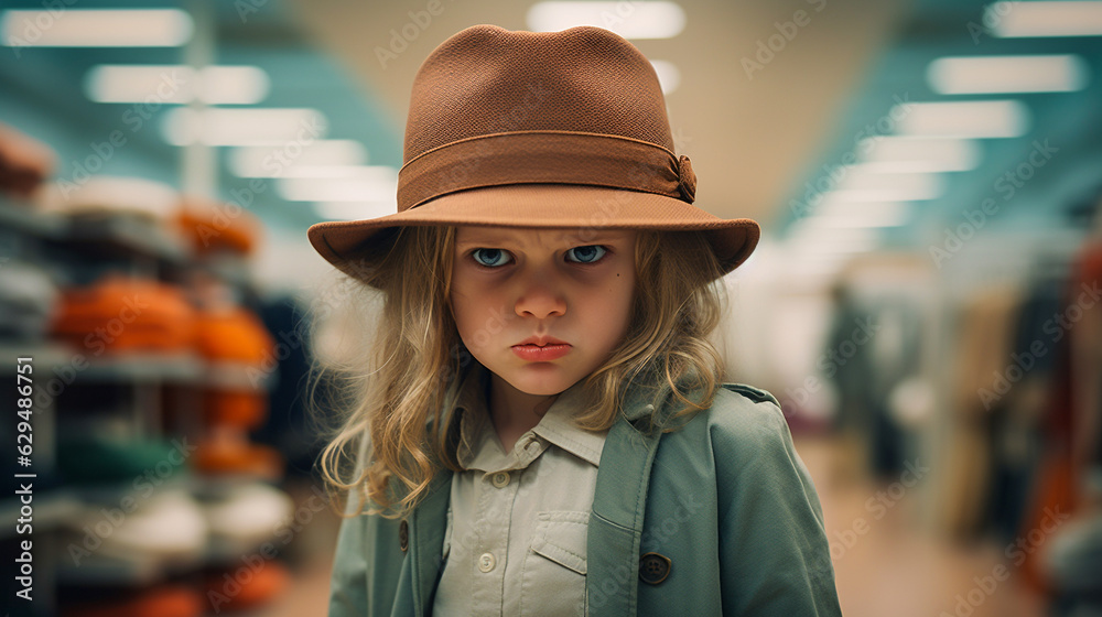 Young girl wearing hat and jacket with angry face expression in store setting