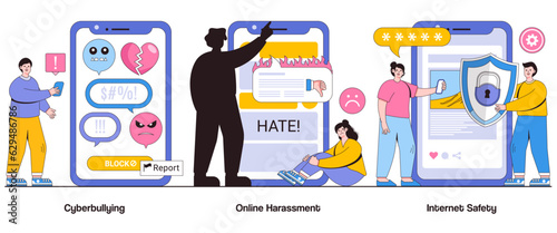 Cyberbullying, Online Harassment, Internet Safety Concept with Character. Digital Security Abstract Vector Illustration Set. Protection, Awareness, Positive Digital Experiences Metaphor