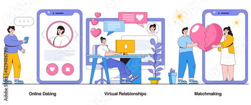 Online Dating, Virtual Relationships, Matchmaking Concept with Character. Digital Romance Abstract Vector Illustration Set. Connections, Chemistry, Love in the Digital Age Metaphor