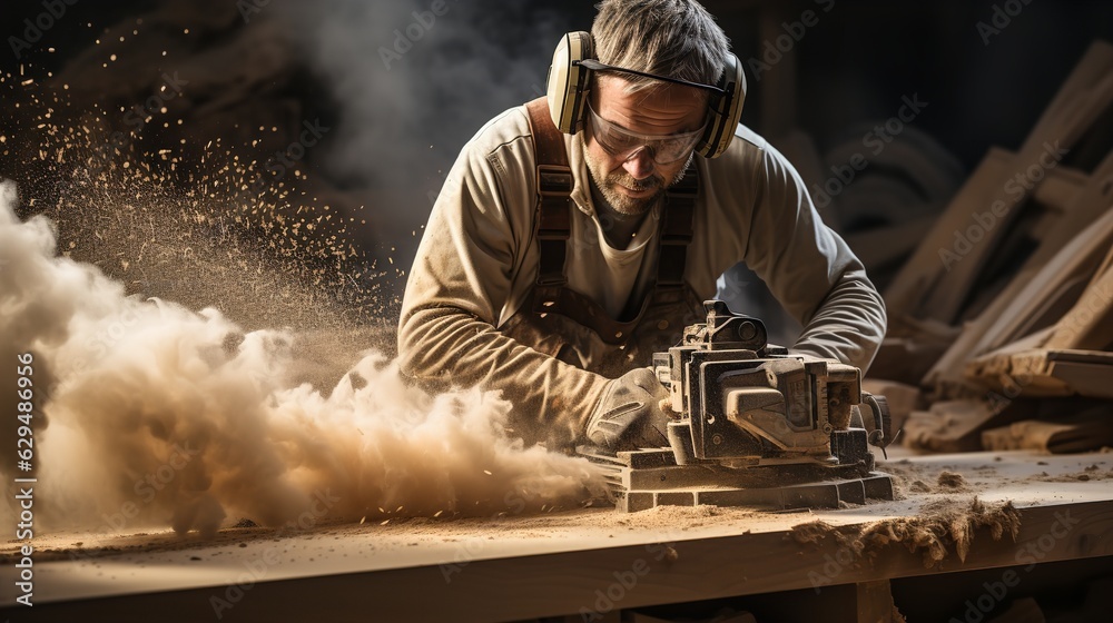 Carpenter blowing sawdust from wooden plank. Generative AI Carpenter blowing sawdust from wooden plank. Generative AI