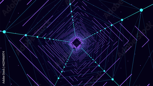 Abstract wireframe tunnel. Vector wormhole. 3D portal grid. Futuristic fantasy funnel.