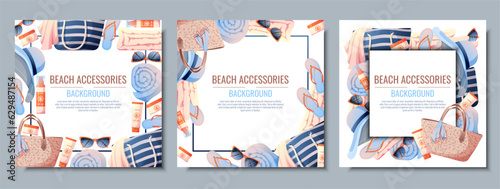 Set of summer backgrounds with beach accessories. Beach frame made of straw bag, hat and sunscreen. Beach holidays, holidays, summer time, sea vibe. Poster, flyer, card for summer sale