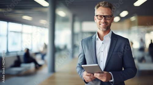 Portrait Businessman or Manager with Tablet PC in Hand - Theme Digitalization, Business Partner or Management - Generative AI