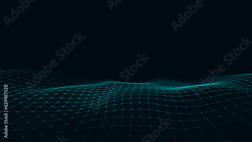 Abstract technology wave of particles. Big data visualization. Vector background with motion dots and lines. Artificial intelligence. © Flow 37
