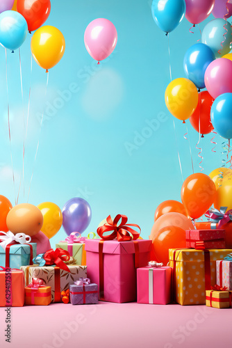 Colorful child birthday card with balloons and gifts, with space for text Fototapet