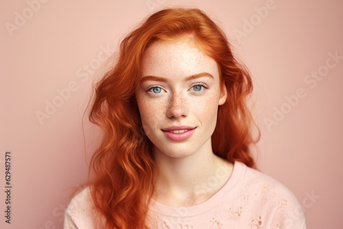 studio portrait of young woman with frekles with long ginger hair on a pastel coral background