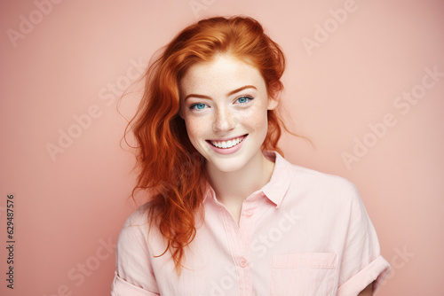 studio portrait of young woman with frekles with long ginger hair on a pastel coral background photo