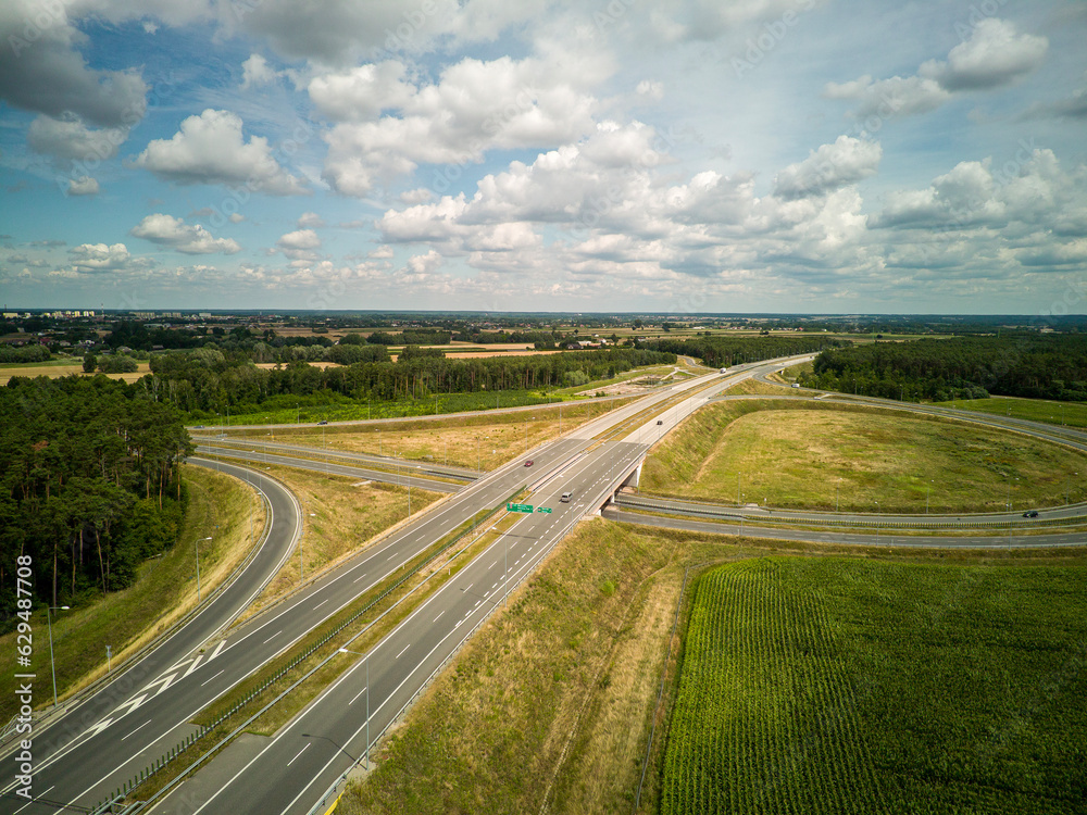 Highway seen from above along with intersection, Poland.