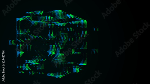 Vector futuristic cube of particles and lines. Network connection big data. Abstract technology background.