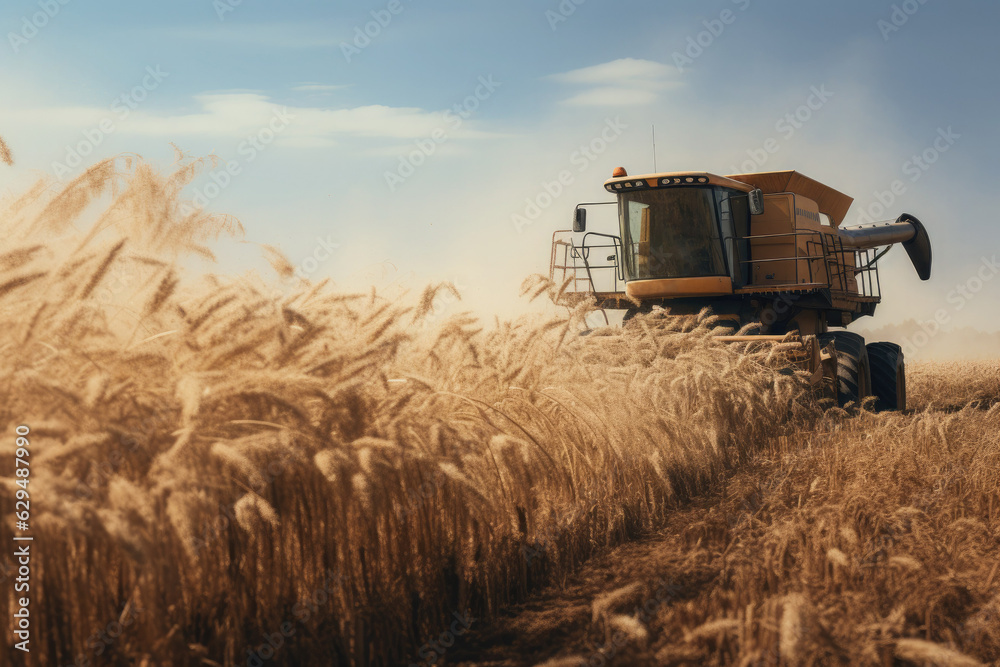 Fototapeta premium Front view of a harvester harvesting wheat in a field.